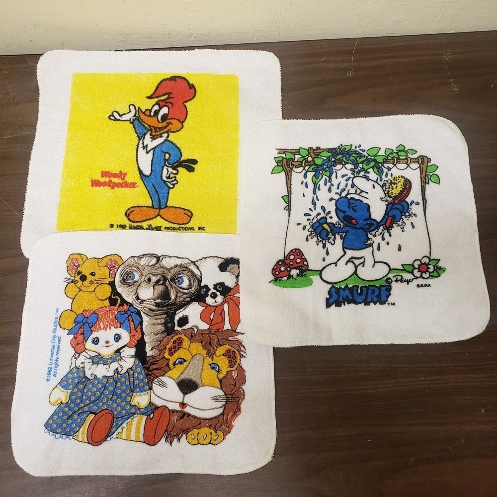 3 Vintage Washcloths - Woody Woodpecker, Smurf, E.T. Made in USA 100% Cotton